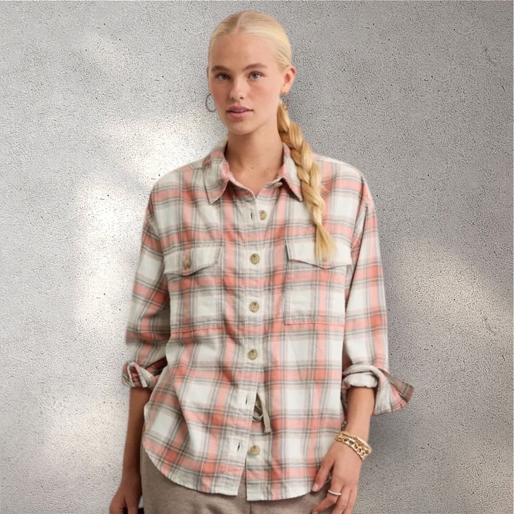 AE Plaid Button-Up Cotton Shirt Khaki & Coral Size Small - Picture 2 of 11